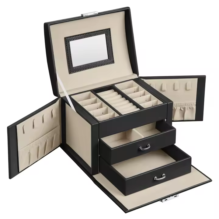 SONGMICS Caja Joyero de 3 Niveles, Caja para Joyas con Asa, 2 Cajones, Espejo, Cerradura, para Viajar, Estilo Moderno, Regalo para Seres Queridos, Blanco Clásico/Gris Pizarra/Negro Clásico - 1