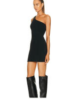Vestido Mini De Verano Simple Negro Un Hombro Con Estiramiento Slim Moda De Vacaciones Asimétrico Sin Mangas Cierre De Cremallera - details 3