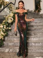 Vestido De Fiesta De Encaje Con Lentejuelas Unithorse Sin Hombros Elegante Para Mujer Longitud Del Piso Silueta A-Line - details 5