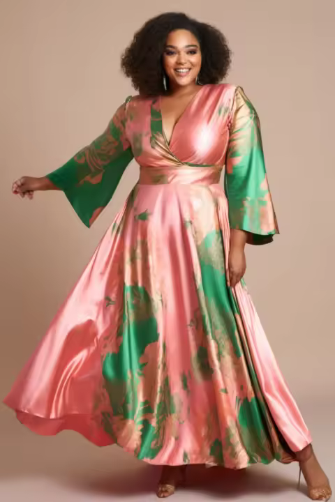 Vestido De Satén Para Mujer Talla Grande Color Bloque Rosa Elegante Con Manga Larga Estilo Flare Para Invitada De Boda Maxi Vacaciones - 1