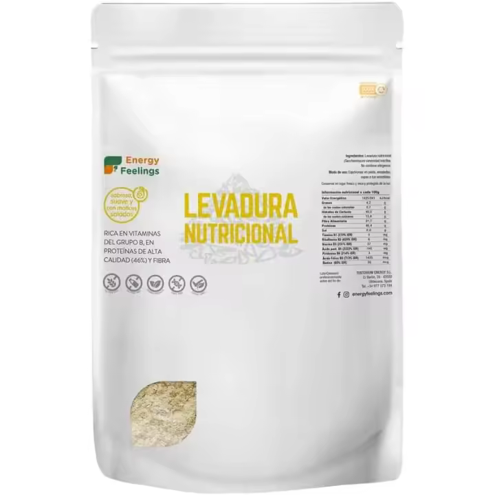 Energy Feelings Levadura Nutricional 1kg, Levadura Nutritiva en Copos Rica en Vitamina B y Proteínas 46%, Nutritional Yeast Sin Gluten, Sin Azucar, Ideal para Queso Vegano, Sin Gluten, Sin Lactosa - 1