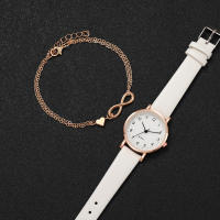 Set De 2 Relojes Para Mujer Con Dial Arábigo Y Correa De Cuero Cuarzo Reloj De Pulsera Con Corazón Dorado Y Pulsera Fashion - details 3