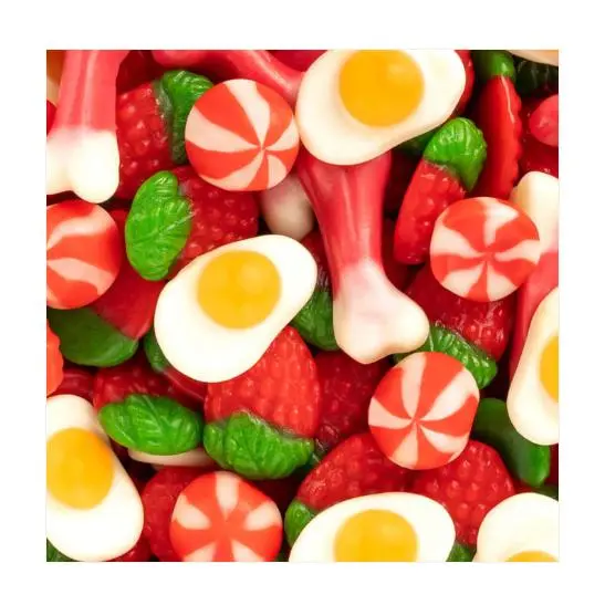 VIDAL Fantasía Mix bolsa de 1Kg aprox 157 uds compuesto por las chuches clásicas fresas silvestres, dedos, huesos, huevos fritos y besos twist. sabor Fresa,nata y frambuesa sin gluten  sin grasa sabor original Vidal garantizado - 1