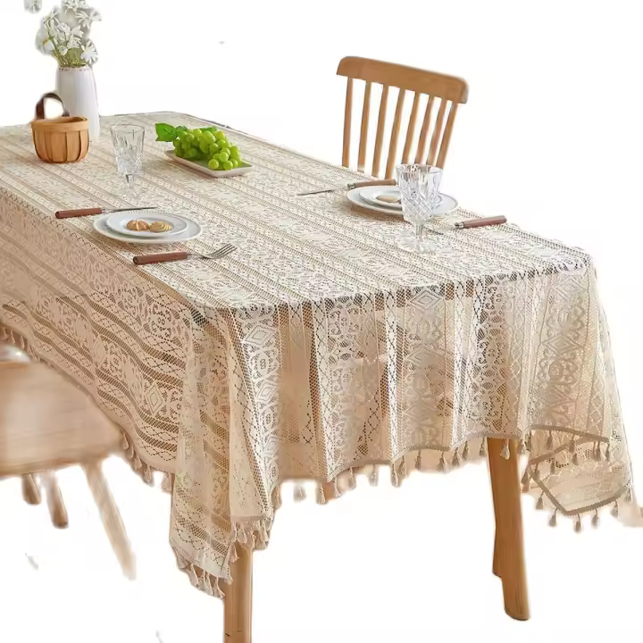 Mantel Rectangular De Lazo Beige Con Estampado De Rayas Y Borlas Colgantes Para Sala De Estar Y Dormitorio Uso En Mesa De Café - 1