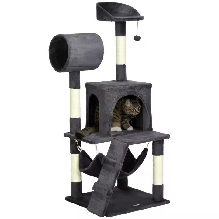 PawHut Rascador para gatos de 125 cm con hamaca, casa para gatos, rascador para gatos, árbol trepador con pelota de juego, escalera y túnel, muebles para gatos, felpa, gris oscuro - 1