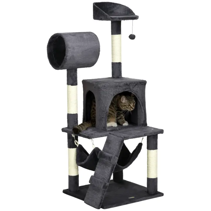 PawHut Rascador para gatos de 125 cm con hamaca, casa para gatos, rascador para gatos, árbol trepador con pelota de juego, escalera y túnel, muebles para gatos, felpa, gris oscuro - 1