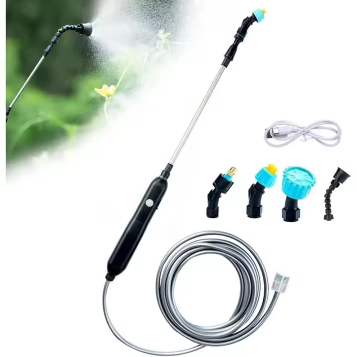 Pulverizador de jardín eléctrico, lanza telescópica con 4 boquillas y manguera de 10 m, recargable por USB para un riego eficiente - 1