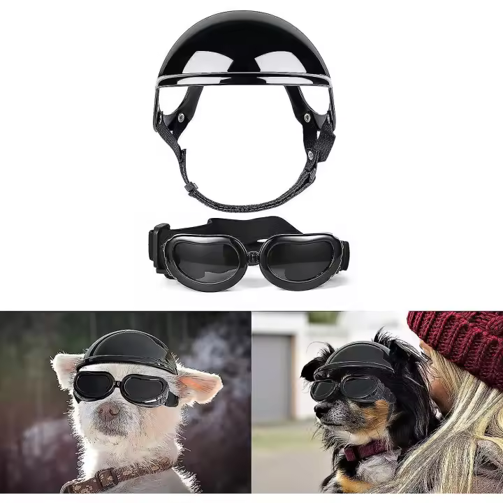 Casco y gafas del perro fijados para el perro pequeño y medio que juega al aire libre con la correa ajustable, casco ultravioleta de la motocicleta de las gafas de la protección del perro con el agujero del oído - 1