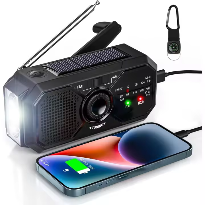 Radio Solar Generador Portátil SOS Sirena AM/FM 2500 mAh carga a través de USB-C brújula - 1