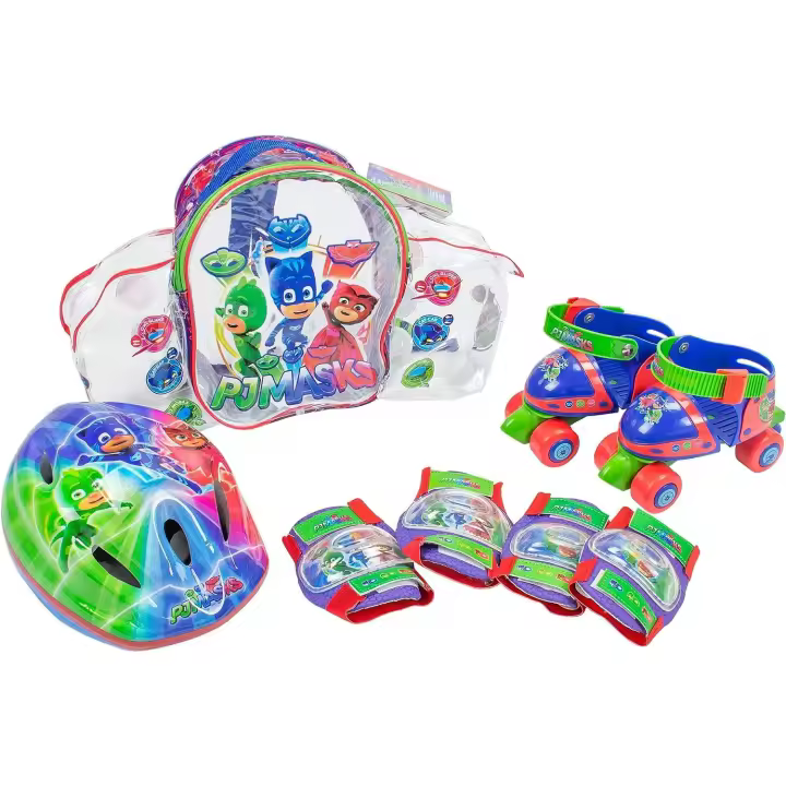 Mochila de Patines Infantiles mini Roller de 4 ruedas, Casco y Protecciones, con diseños exclusivos de Pj Masks (2939) Patines tallas ajustables 24-29. Compuesto por rodilleras y coderas. Set completo y seguro. De acuerdo a la normativa CE. +3 años - 1