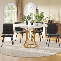 ✨Juego de Comedo 5 Piezas Moderno (1 Mesa Redonda + 4 Sillas) - Mesa de 80cm Ø with Patitas Metálicas Doradas y Surface de Mármol Blanco, Sillas de Terciopelo Gris - details 0