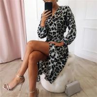 New Fashion Autumn Winter Women's Leopard Print Dress V-Neck High-Waisted Asymmetrical Skirt Casual Ankle-Length Chiffon Dress - details 9