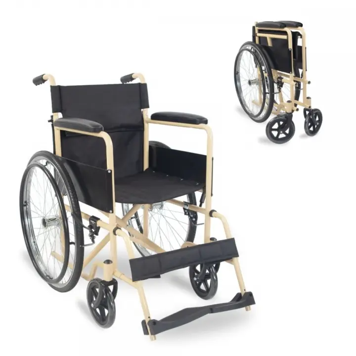 Mobiclinic® Silla de ruedas plegable Denver Marca Española Asiento 46 cm Freno manual Respaldo desmontable Reposapiés abatibles Resistente Silla de ruedas para minusválido Crema y Negro - 1