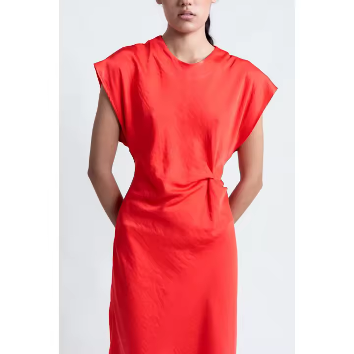 PuntoSalao Vestido largo satinado con nudo delantero para mujer color rojo detalle fruncido - 1