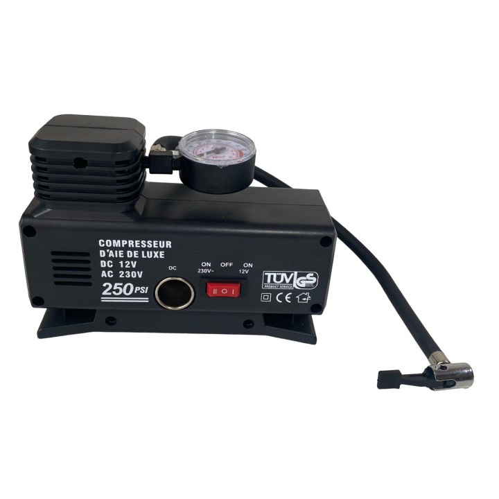 Kmt style - Compresor de Aire Eléctrico 2 en 1 Para Mechero de Coche 12V y Corriente 230V, 250 PSI, 72 W, Bomba de aire Portatíl, Inflador Eléctrico Para Inflar Ruedas de Coche Bicicleta y Pelotas