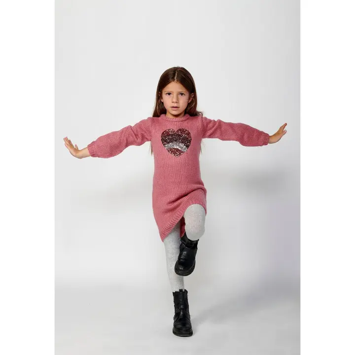 Koroshi Vestido de manga larga con Cuello redondo acabado en rib y Detalle delantero corazón color Fucsia para Niña - 1