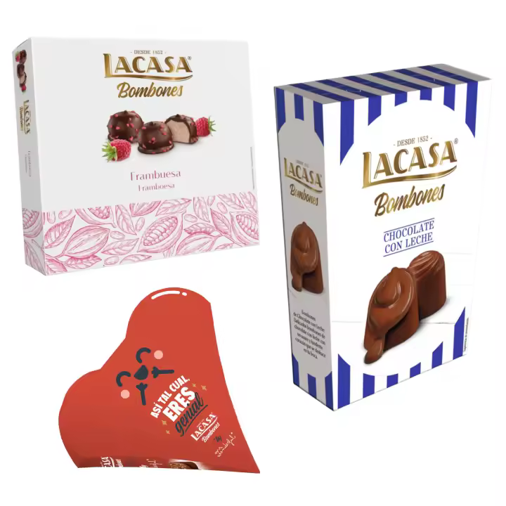 Pack Lacasa bombones chocolate con leche 72 G & bombones corazón mr wonderfull 60G & bombones frambuesa 200 g - 1