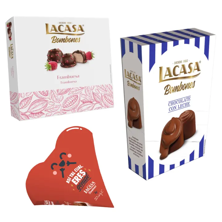 Pack Lacasa bombones chocolate con leche 72 G & bombones corazón mr wonderfull 60G & bombones frambuesa 200 g - 1