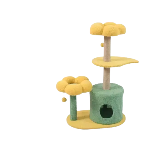 Torre Rascador para Gatos con Diseño de Flor, Casa y Plataformas, Verde y Amarillo, 55*36*89CM - 1
