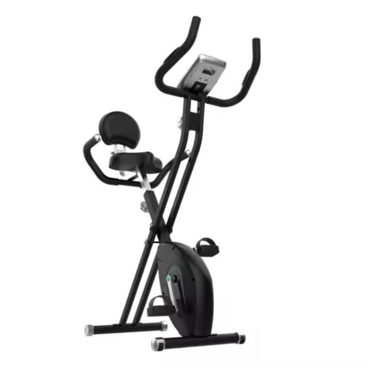 Bicicleta estática plegable con respaldo. Pantalla LCD. Resistencia magnética variable. Sillín confort con respaldo y agarres laterales. Soporte para tablet y ruedas de transporte. - 1