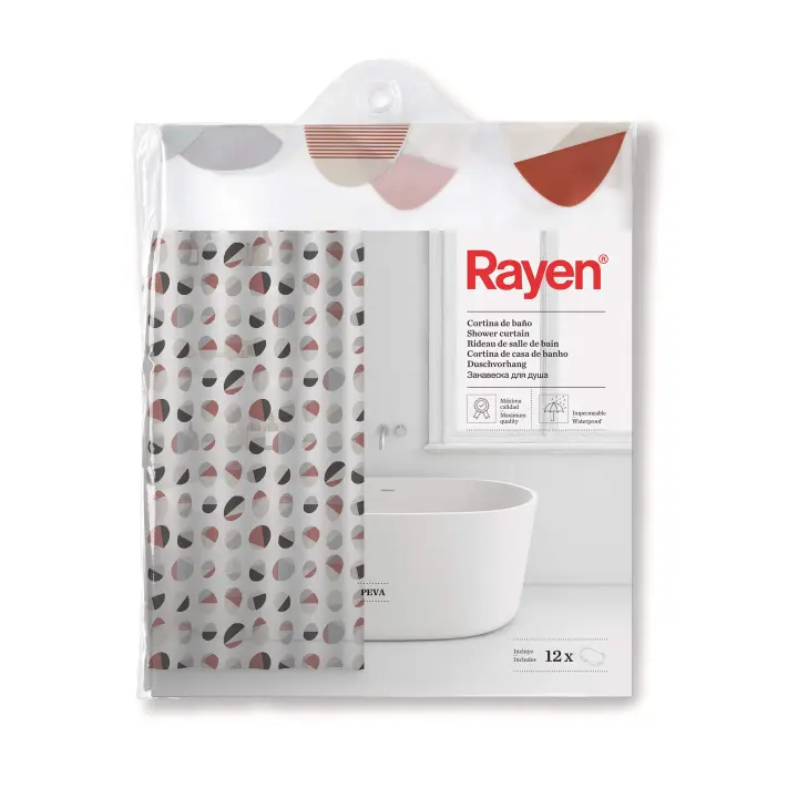 Rayen | Cortinas de baño | Cortina para Ducha o Bañera | Impermeable | PVA | Translúcido | Argollas PVC | Incluye 12 Ganchos | 180 x 200 cm | Blanco con Cículos de Colores - 1