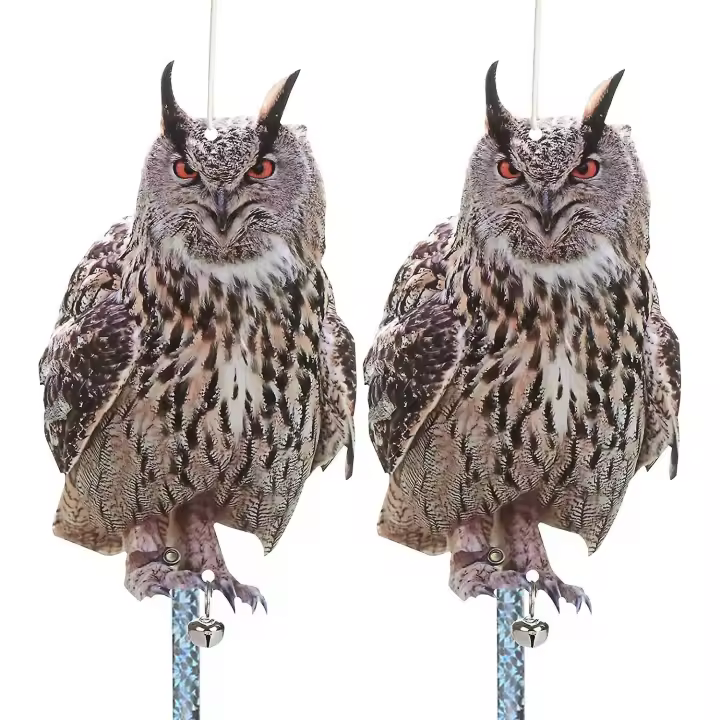 2 espantapájaros con forma de búho y cinta reflectante, dispositivo repelente de aves para ahuyentar pájaros, palomas y jardines, techos, patios, ventanas, balcones, etc. - 1