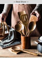 Juego de 9 cucharas de madera de piezas, utensilios de cocina de madera con soporte - details 8