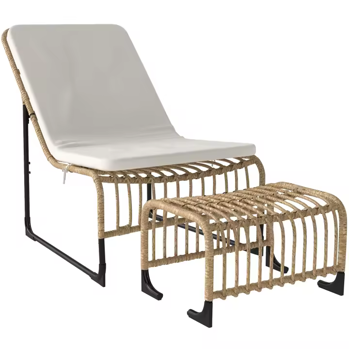 Outsunny Conjunto de Sillón de Jardín con Reposapiés de Ratán Sintético Sillón para Exterior con Cojín Acolchado y Estructura de Acero Natural y Beige - 1