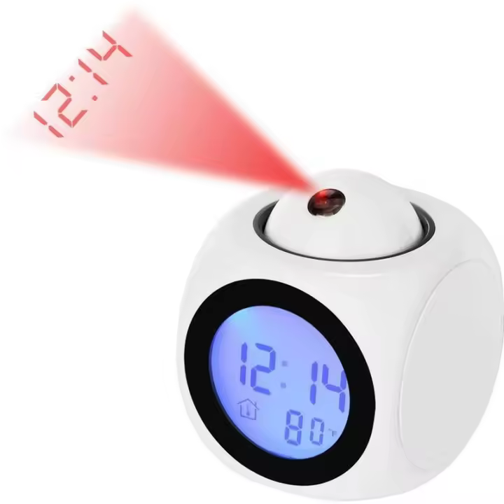 Reloj de proyección digital Reloj despertador LED silencioso 12/24 h Reloj despertador de proyección en el techo Control de voz Hora Temperatura Pantalla Posponer alarma Reloj despertador digital (blanco) - 1