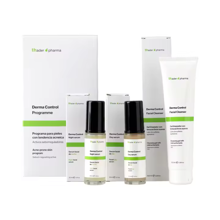 Thader Pharma Dermo Control Pack Programa especial para pieles con tendencia al acné: Gel limpiador 100 ml + Sérum facial de día 30 ml + Sérum facial de noche 30 ml - 1