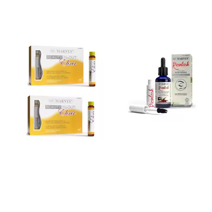 MARNYS BEAUTY IN ELIXIR pack 2 unidades + Ricinlash pestañas, Colágeno hidrolizado ácido hialurónico y vitaminas 28 viales y 1 ricinlash - 1