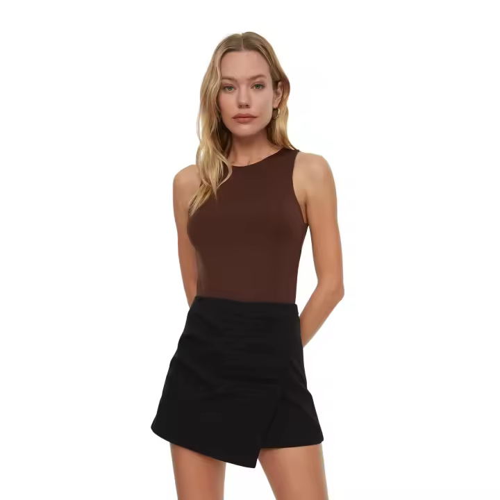 Trendyol Light Brown Leopard Patterned Halter Neck Flexible Bottom Snap Knitted Bodysuit Twoss20Bd0044 - 1