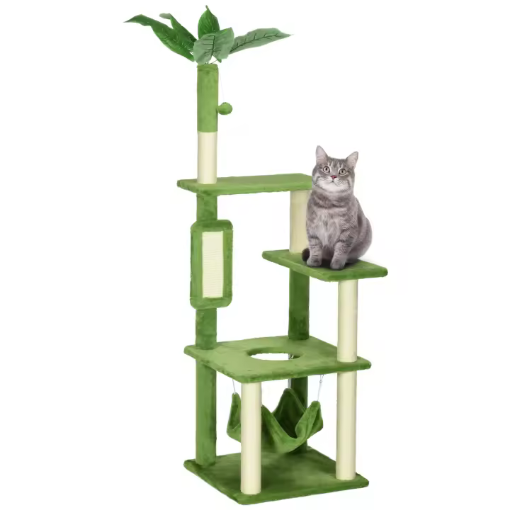 PawHut Árbol Rascador para Gatos Grandes de 142 cm Torre para Gatos de Interior con Postes de Sisal Plataformas Hamaca Hojas y Bola de Juguete 49x49x142 cm Verde - 1