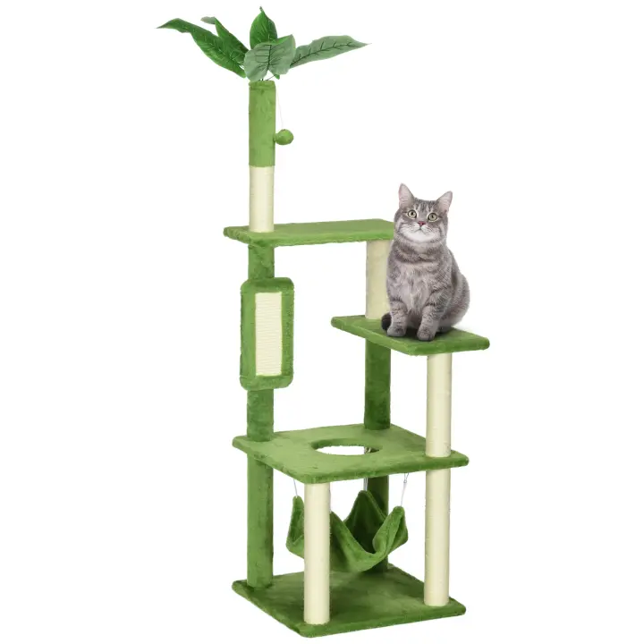 PawHut Árbol Rascador para Gatos Grandes de 142 cm Torre para Gatos de Interior con Postes de Sisal Plataformas Hamaca Hojas y Bola de Juguete 49x49x142 cm Verde - 1
