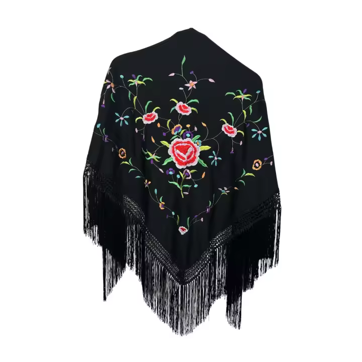 Mantón de manila de pico negro multicolor (160cm x 80cm sin fleco) - 1