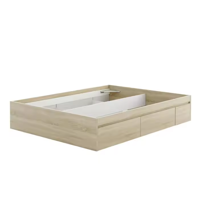 Meimon Cama KENDRA para colchón de 150x190 cm con estructura de melamina en acabado Roble Canadian, 4 cajones inferiores con ruedas ocultas, escuadras metálicas para soporte de somier (no incluido), cantos PVC, interior blanco - 1