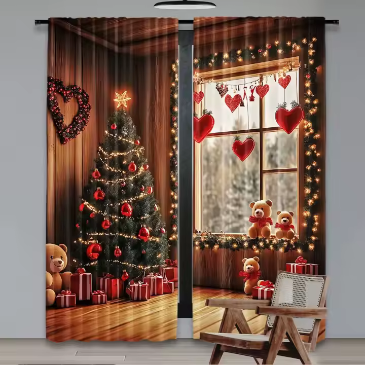 2Pcs Cortinas De Navidad Con Árbol Y Enanos De Invierno Regalos De Navidad Con Copos De Nieve Para Decoración De Sala De Estar - 1