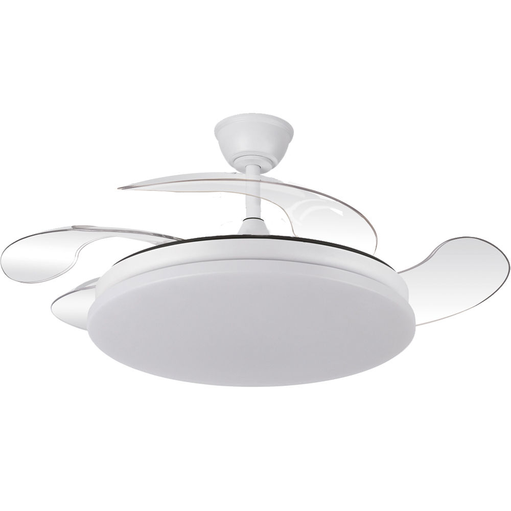 TRIDENTE - Ventilador Tridente Fabrilamp Abrila Motor DC 59w Blanco 4 aspas desplegables 107d 6980lm 3000-4000-6000k LED Regulable Remoto Temporizador Memoria y Cuerpo Metalico - Fabrilamp 2025