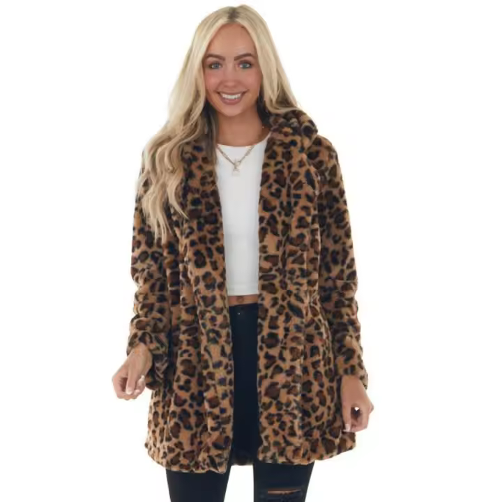 Abrigo De Peluche Sintético Para Mujer Con Estampado De Leopardo Cuello Enrollado Largo Manga Completa Bolsillos Moda Otoño Invierno - 1
