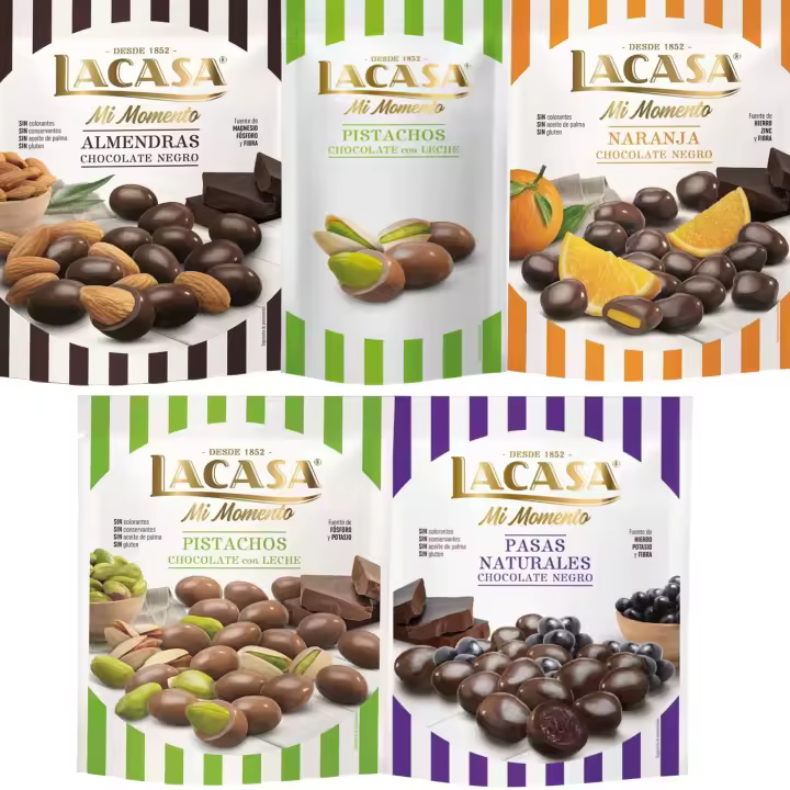 Lacasa Mi Momento pack de 5:Pistacho Leche 50G,Pasas choco Negro 150G,Almendra choco Negro 125G,Naranja choco Negro 125G,Pistacho Leche 100G - 1