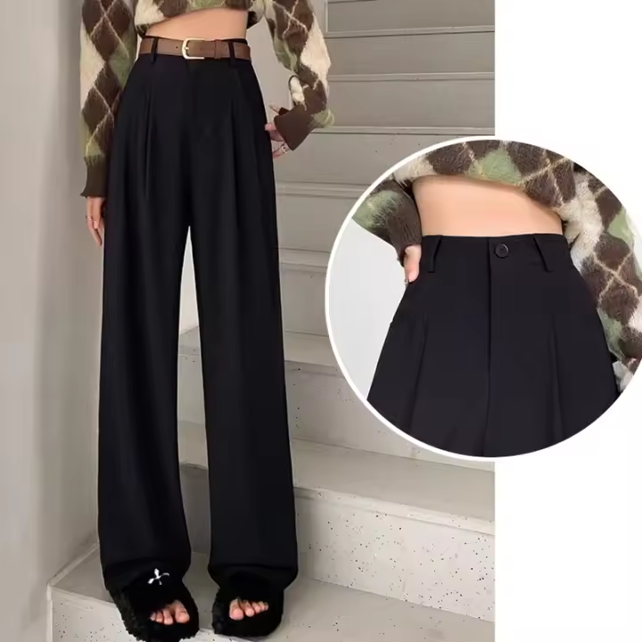 Pantalones Clásicos Para Mujer 2024 Cintura Alta Pierna Ancha Cómodos Y Versátiles Estilo Diario Traje Elegante Con Bolsillos Y Pliegues - 1