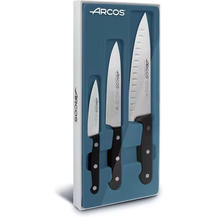 Arcos Estuche de 3 Cuchillos Básicos de Cocina. Pack de Cuchillos con Hoja de Acero Inoxidable y Mango de Polieximetileno Aptos para Lavavajillas. Serie Universal. Color Negro - 1