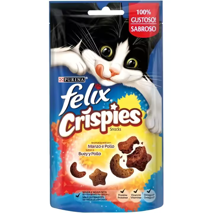 Felix Crispies Buey y Pollo. Pack de 8 sobres - Snacks para gatos sabor buey y pollo - 1