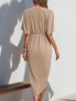 Vestido JIM & NORA 2024 Verano Para Mujer Cintura Alta Elegante Tipo Wrap Cuello En V Midi De Cintura Con Decoración Ruched Estilo Oficina - details 5