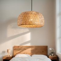 Lámpara Colgante De Estilo Boho Chic Hecha a Mano Con Sombrilla De Tela Y Techo De Rattan Luz De Techo De Montaje En Plano Farmhouse Sin Fuente Incluida - details 1