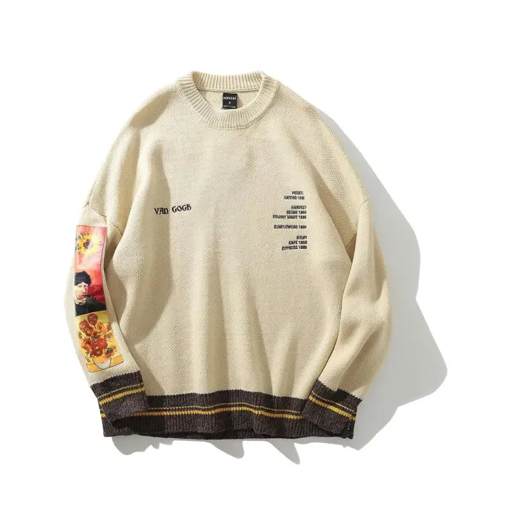 Suéteres de Punto con Estampado de Manga Larga para Hombre,suéter de Gran tamaño,Jersey con Mangas pintadas de Girasol,Tops de Invierno - 1