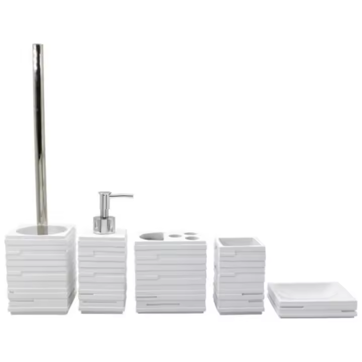 Plaza Tres Aguas – Juego de accesorios de baño de 5 piezas de resina blanca, dosificador, soporte para cepillos de dientes,vaso, jabonera y escobillero - 1