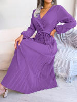 Vestido Largo Elegante Para Mujer Con Cuello En V Manga Larga Pleated Maxi Con Cinturón Estilo Casual De Pierna Larga - details 45