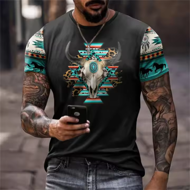 Camiseta De Hombre Vintage Con Estampado De Denim 3D Camiseta De Verano Con Cuello Redondo Manga Corta Para Uso Diario - 1