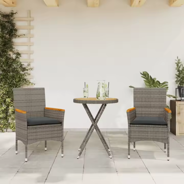 vidaXL Mesita y sillas con cojines 3 pzas ratán sintético acacia en color Gris/Negro | cómodas modernas ergonómicas para comedor cocina salón hogar - 1